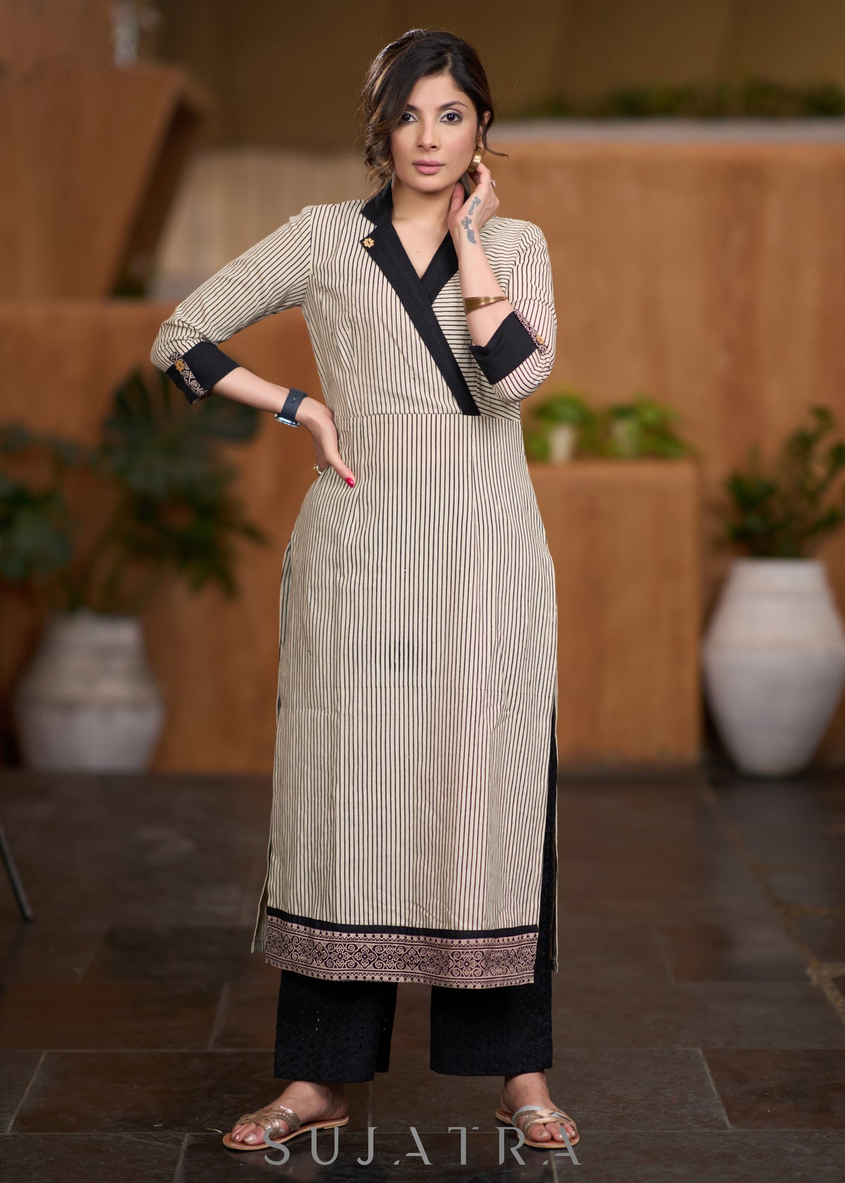 Classy Beige striped cotton kurta with black collar - Pant Optional