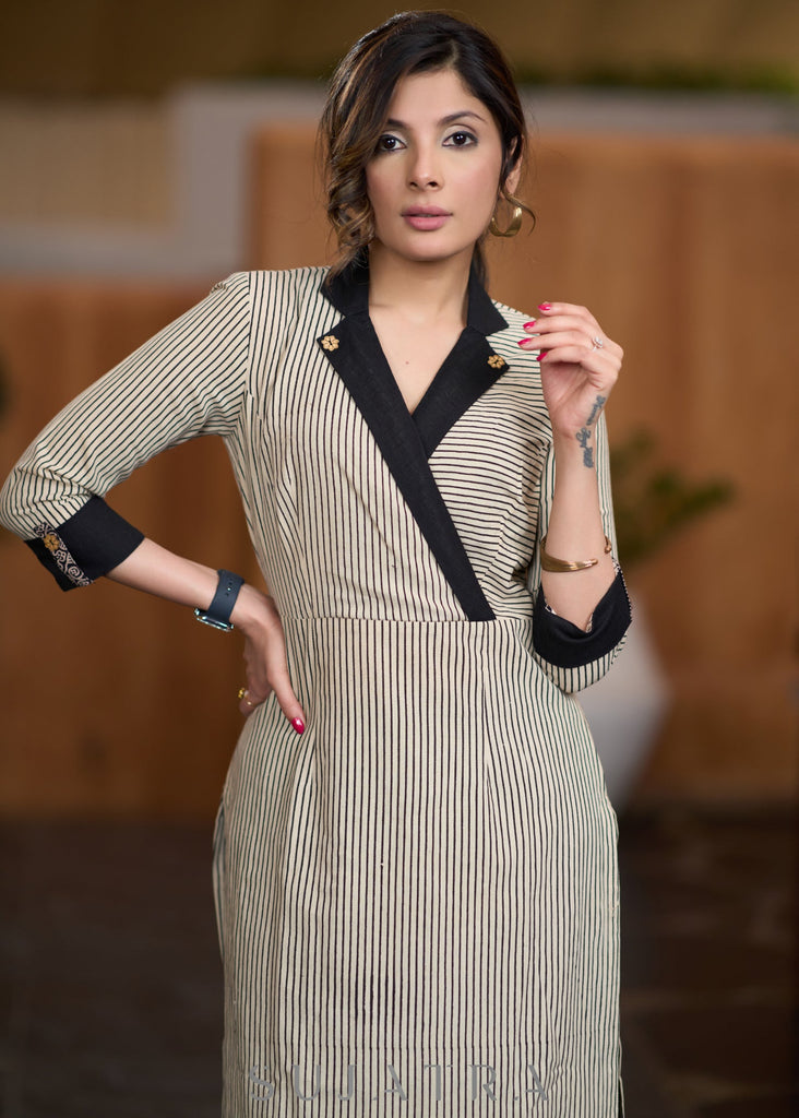 Classy Beige striped cotton kurta with black collar - Pant optional
