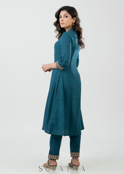 Elegant Teal Cotton A Line Kurta With Laces - Pant Optional