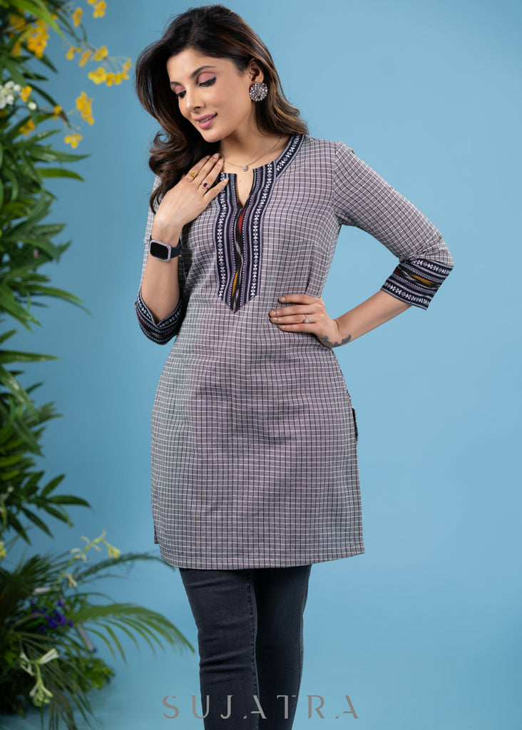 Casual grey cotton checkered tunic with ikat combination