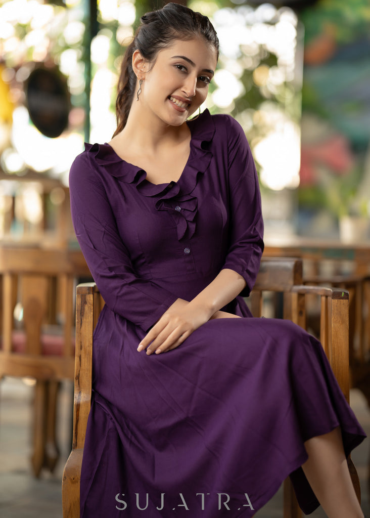 Purple rayon dress with frills on neckline