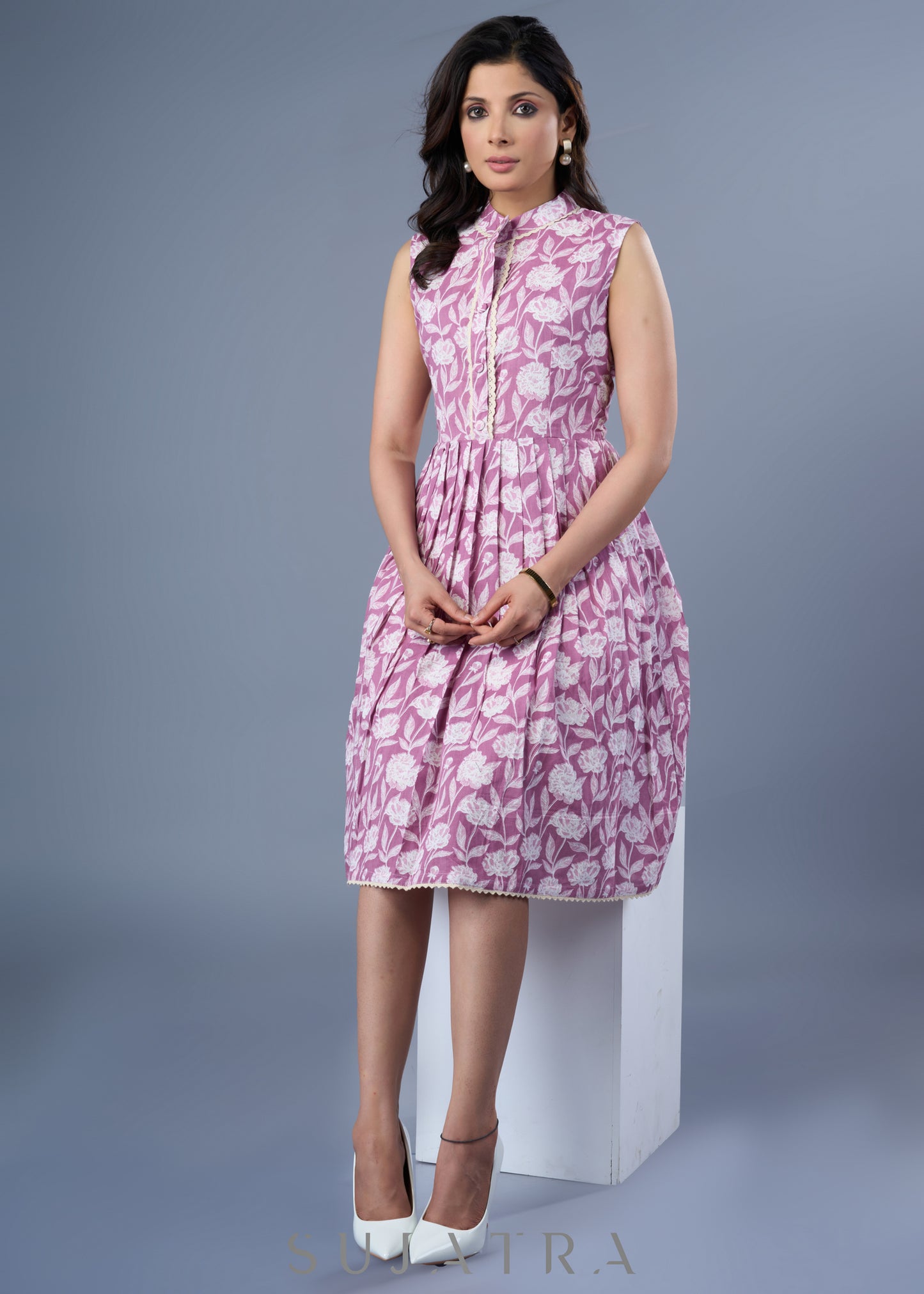 Smart Pinkish Lavender Cotton Printed Dress