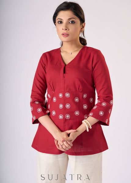 Trendy Maroon cotton top with embroidery on waist yoke & sleeves