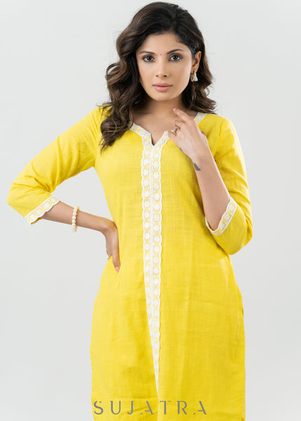 Pastel Yellow Cotton Kurta With Laces - Pant Optional