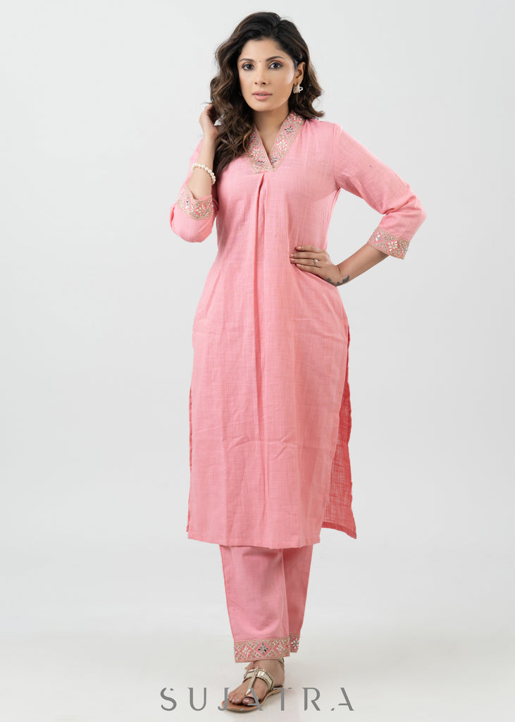 Pastel Pink Cotton Kurta With Embroidered Laces - Pant Optional