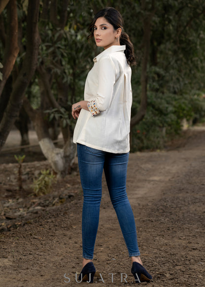 Stylish Cotton Ivory Shirt Highlighted with Classy Aztec Embroidery.