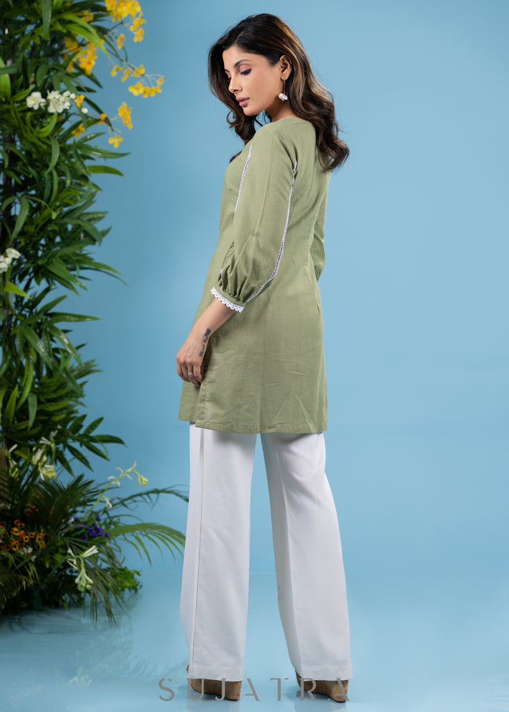 Elegant sage green cotton tunic highlighted with beautiful lace