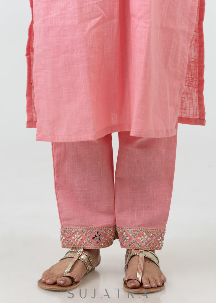 Pastel Pink Cotton Kurta With Embroidered Laces - Pant Optional