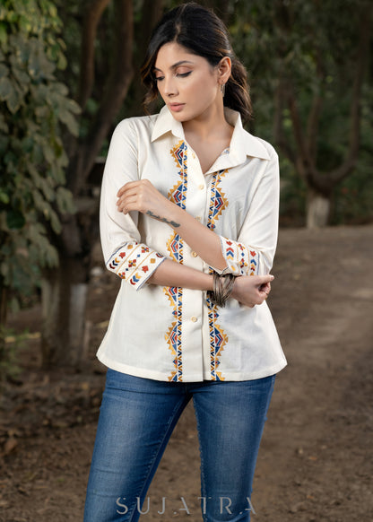 Stylish Cotton Ivory Shirt Highlighted with Classy Aztec Embroidery.