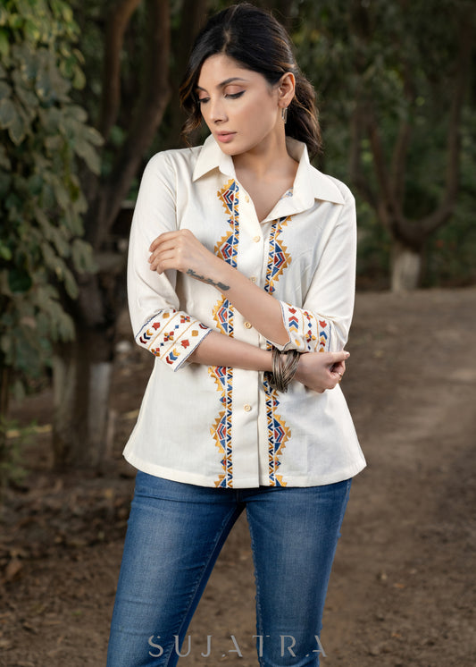 Stylish Cotton Ivory Shirt Highlighted with Classy Aztec Embroidery.