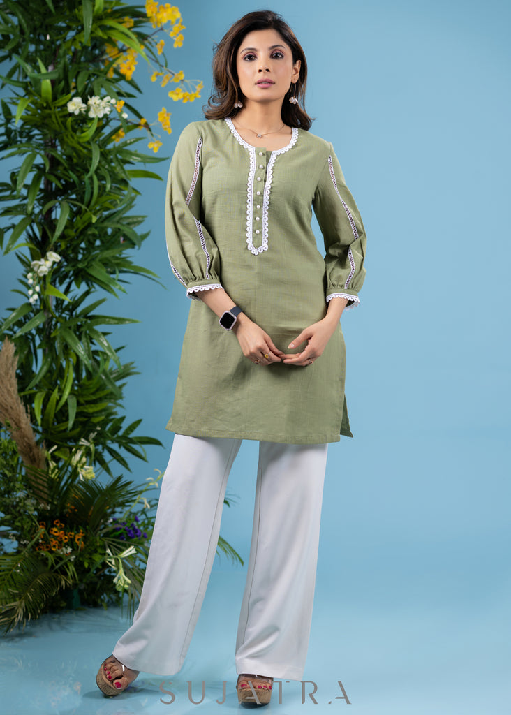 Elegant sage green cotton tunic highlighted with beautiful lace
