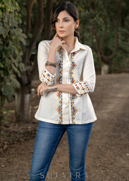 Stylish Cotton Ivory Shirt Highlighted with Classy Aztec Embroidery.