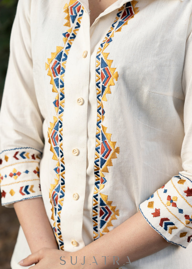 Stylish Cotton Ivory Shirt Highlightedwith Classy Aztec Embroidery.