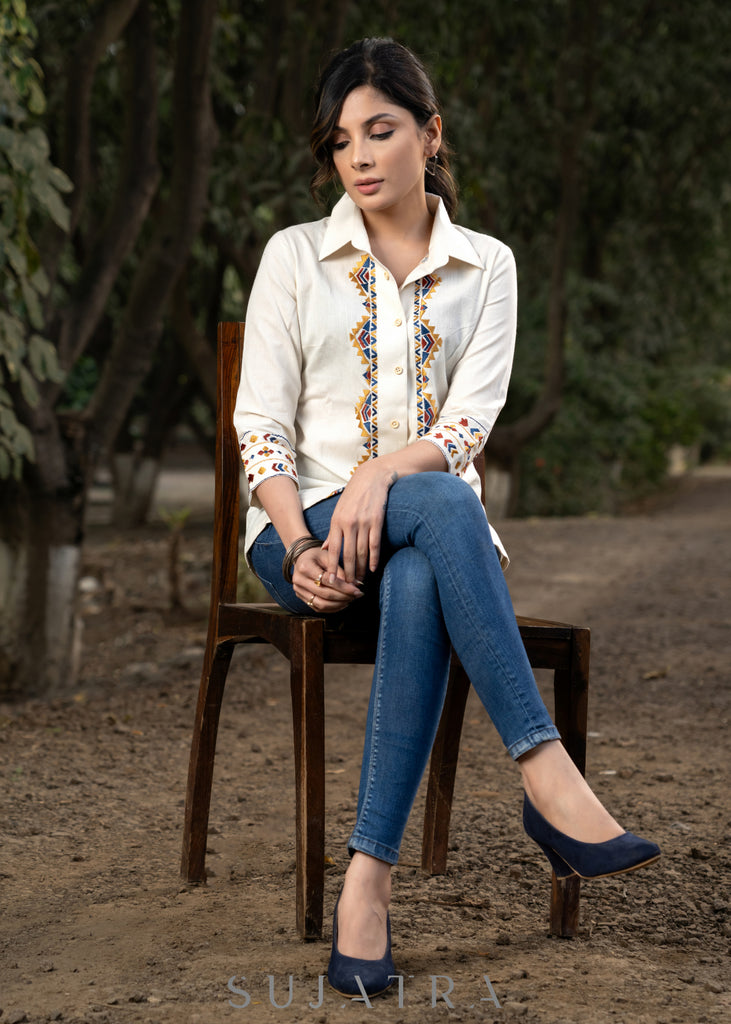 Stylish Cotton Ivory Shirt Highlightedwith Classy Aztec Embroidery.