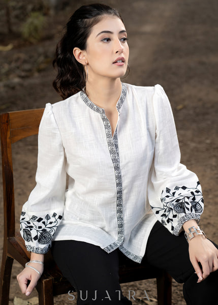 Classy White Cotton Shirtwith Mandarin Collar and Floral Embroidery on Sleeves