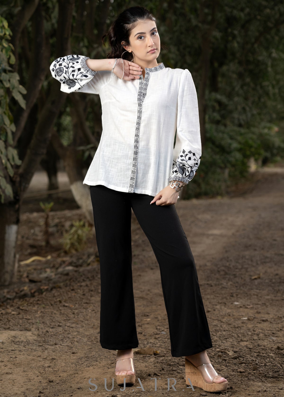Dussehra Sale — Classy White Cotton Shirt with Mandarin Collar and Floral Embroidery on Sleeves