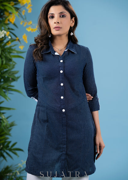 Classy navy blue shirt style striped cotton tunic
