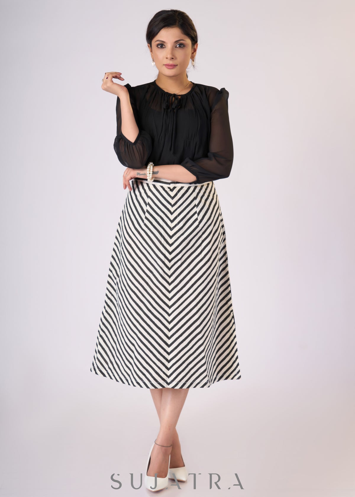 Black georgette top with gathers & front tie-up with Slip - Skirt Optional
