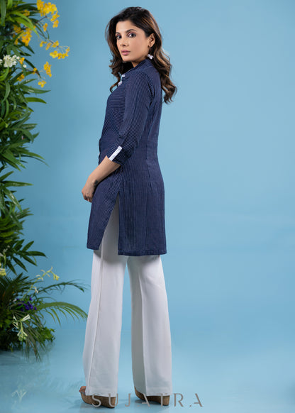 Classy navy blue shirt style striped cotton tunic