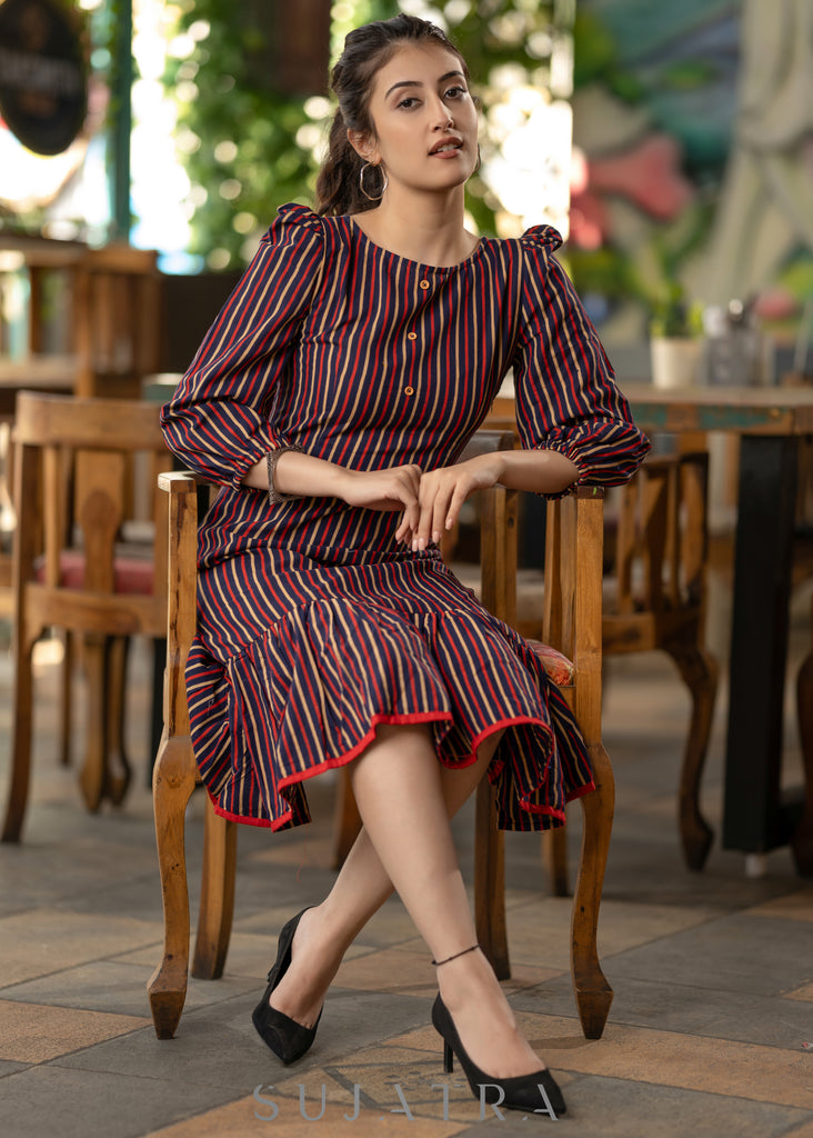 Beautiful Striped cotton dress with asymmtrical hem
