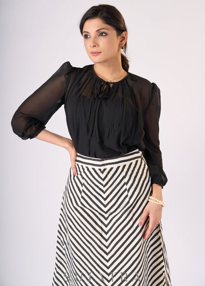 Black georgette top with gathers & front tie-up with Slip - Skirt Additional