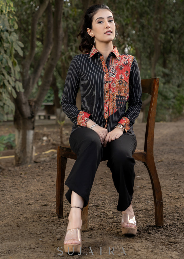 Trendy Black Striped Cotton Ikat Shirtwith Classy Patchwork Combination