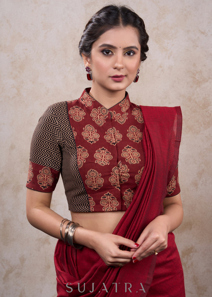 Exclusive maroon ajrakh high neck combination blouse