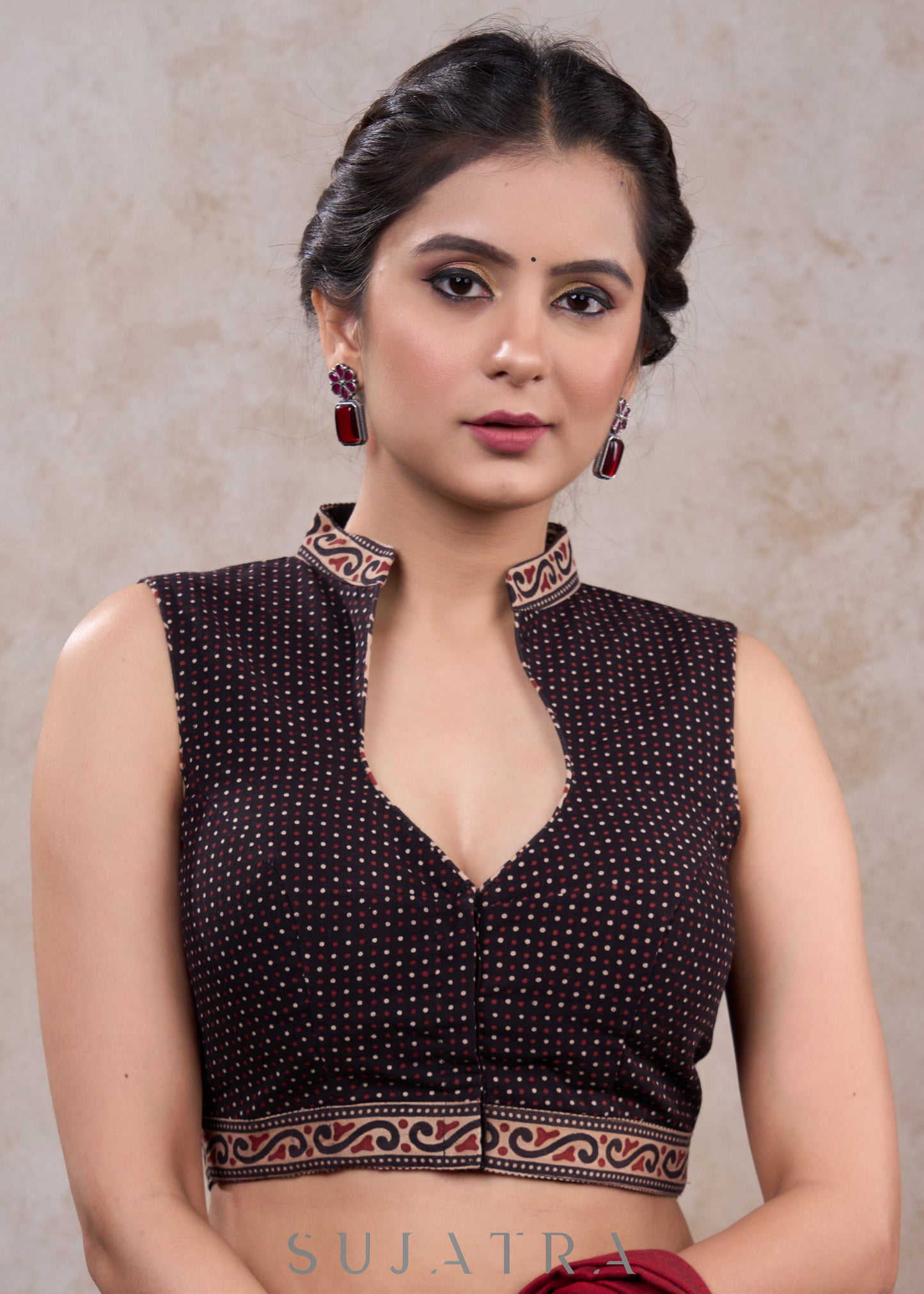 Elegant black ajrakh sleeveless combination blouse with mandarin collar