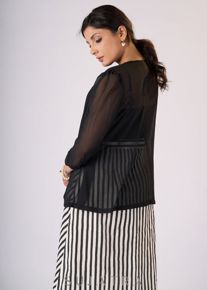 Black georgette top with gathers & front tie-up with Slip - Skirt Additional