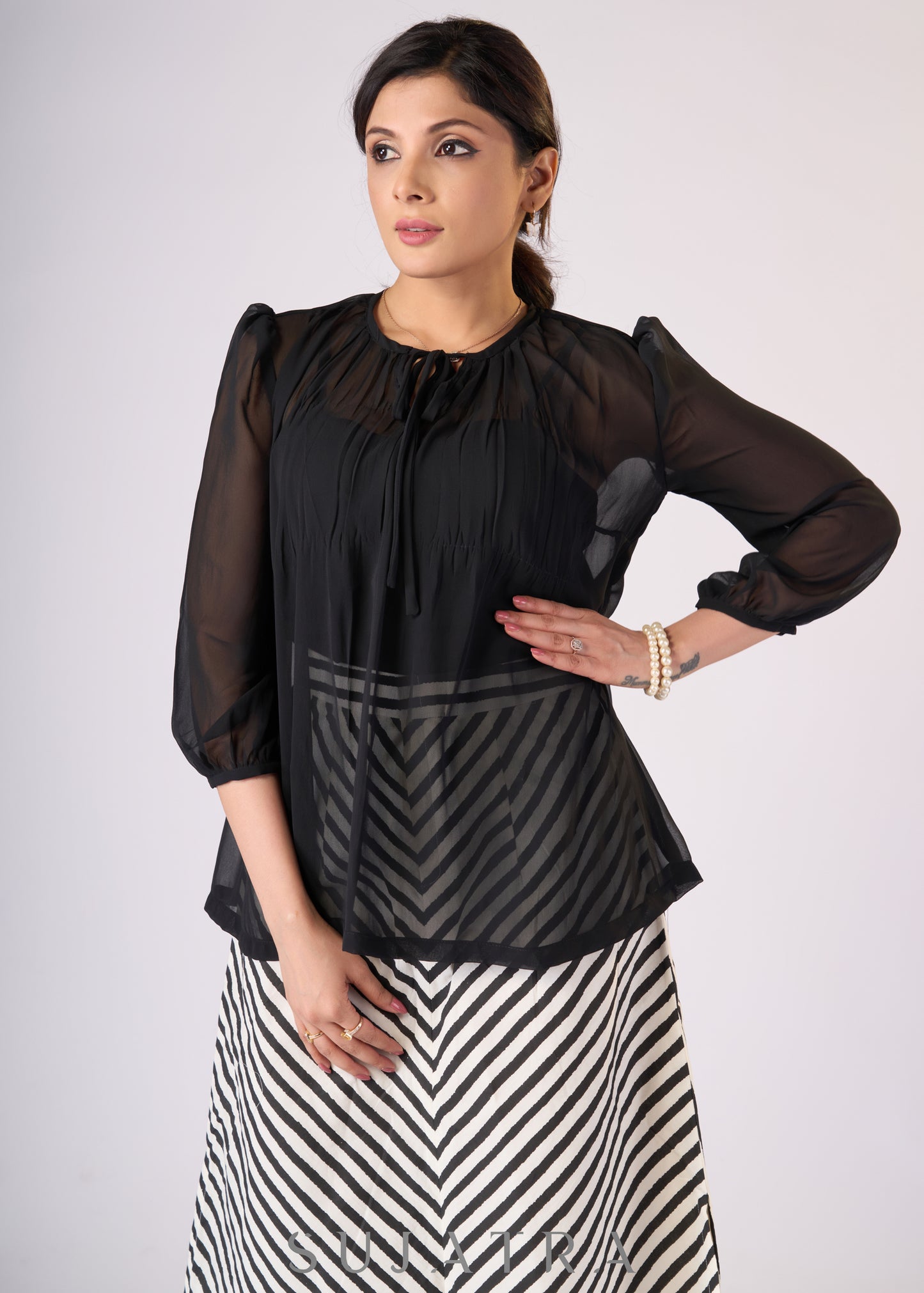 Black georgette top with gathers & front tie-up with Slip - Skirt Additional