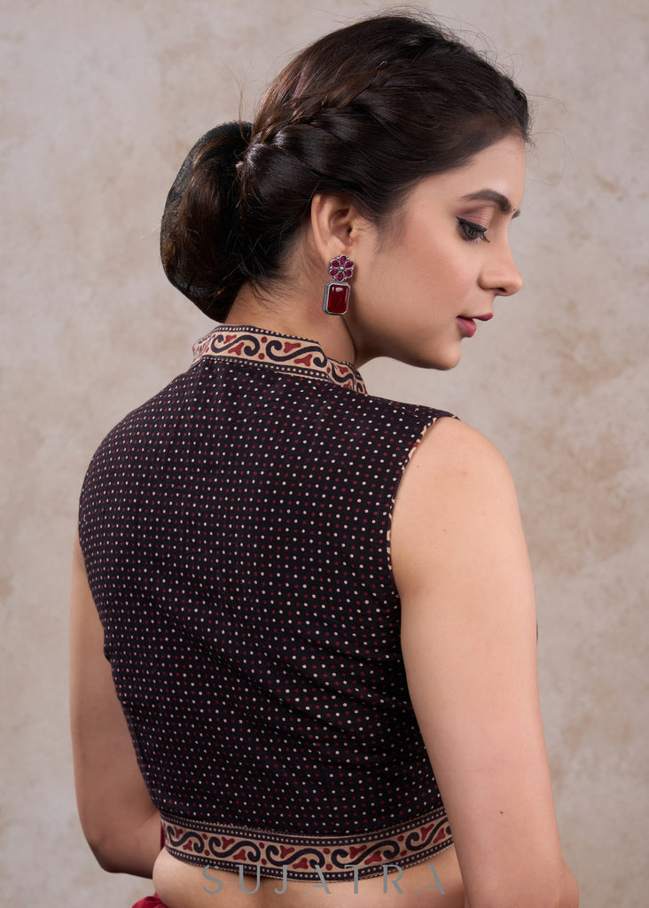 Elegant black ajrakh sleeveless combination blouse with mandarin collar