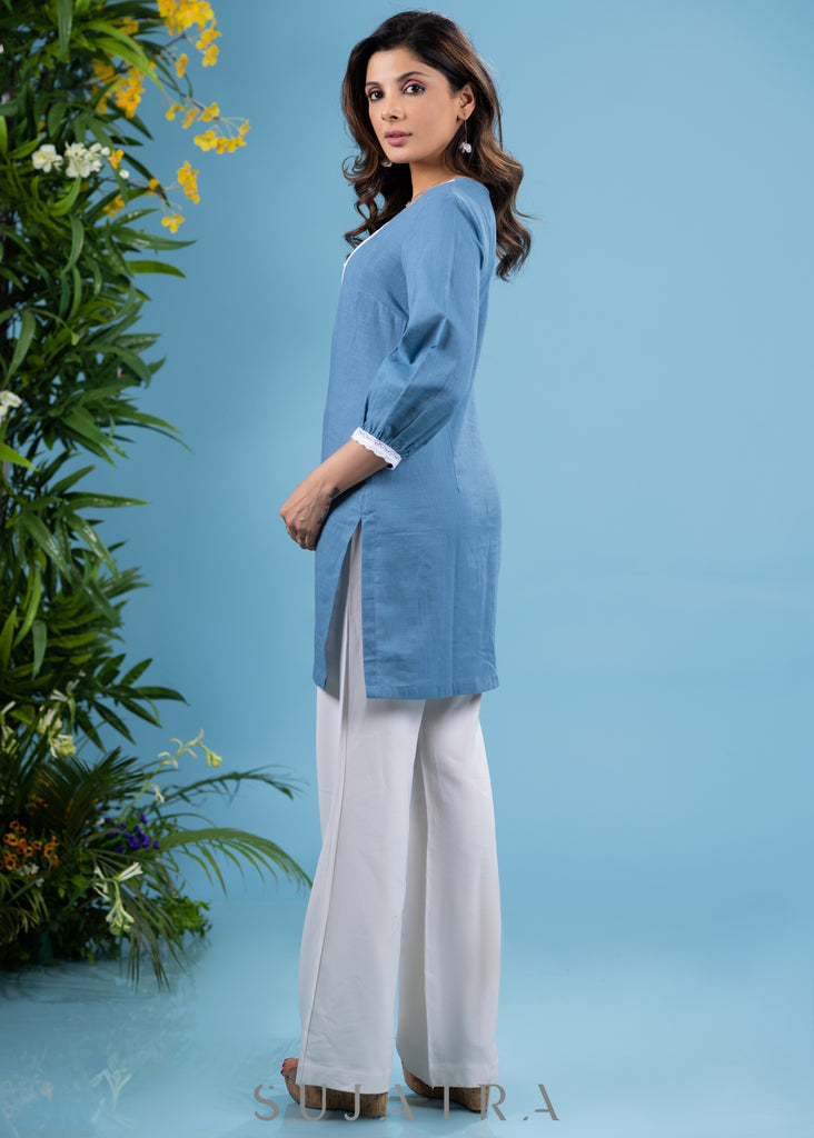 Trendy powder blue cotton tunic highlighted with elegant laces