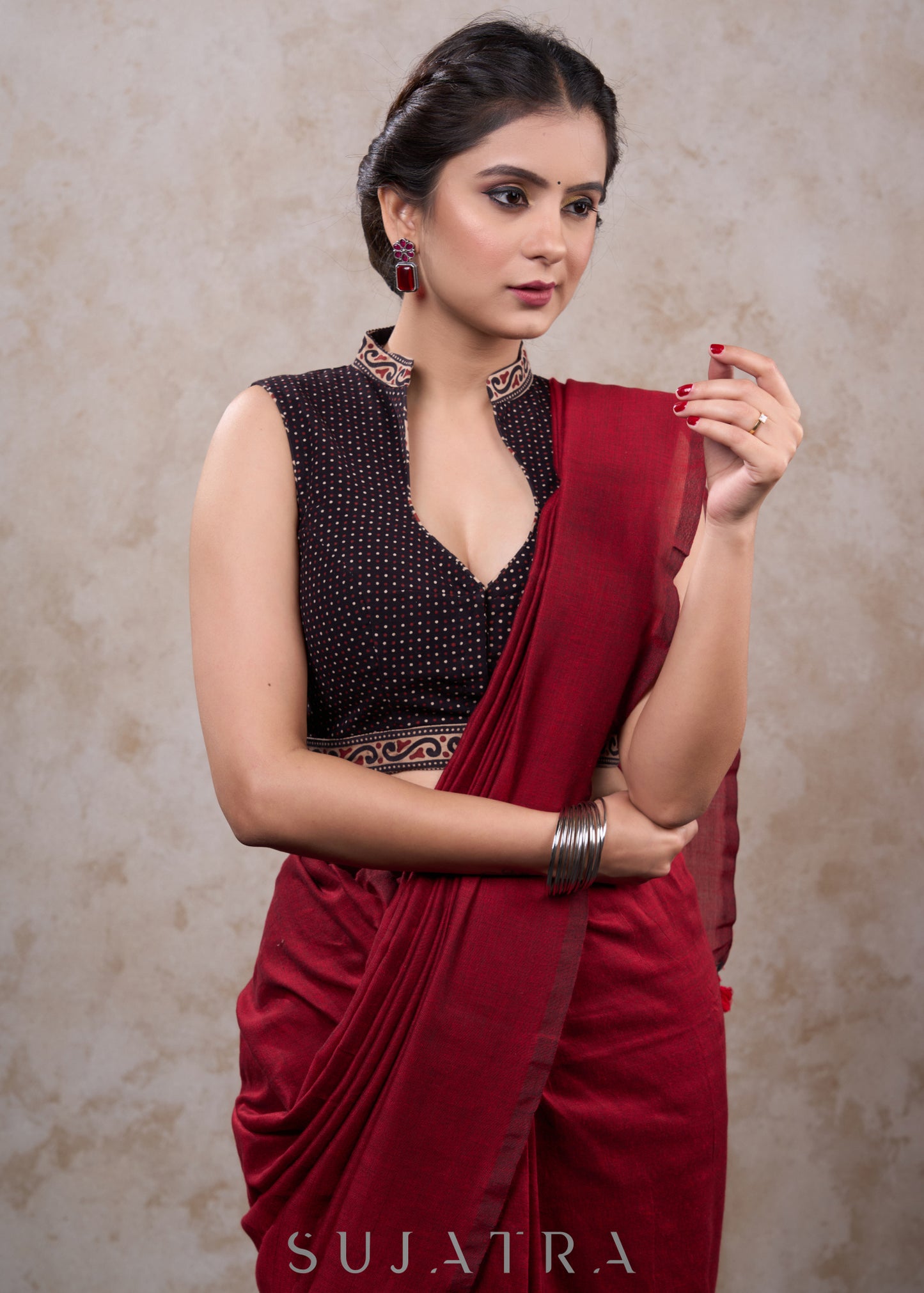 Elegant black ajrakh sleeveless combination blouse with mandarin collar