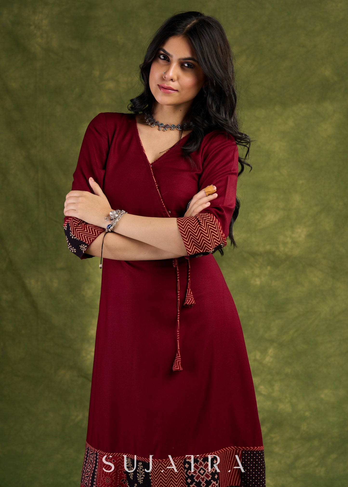 Rich Maroon Rayon Wrap Dress With Ajrakh Patchwork