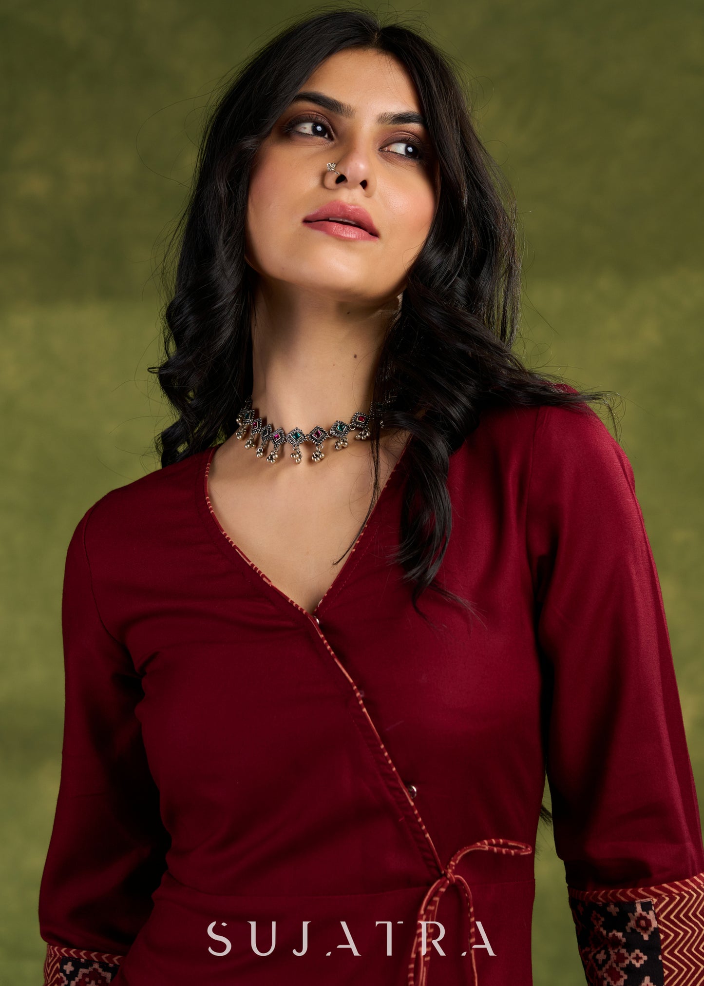 Rich Maroon Rayon Wrap Dress With Ajrakh Patchwork