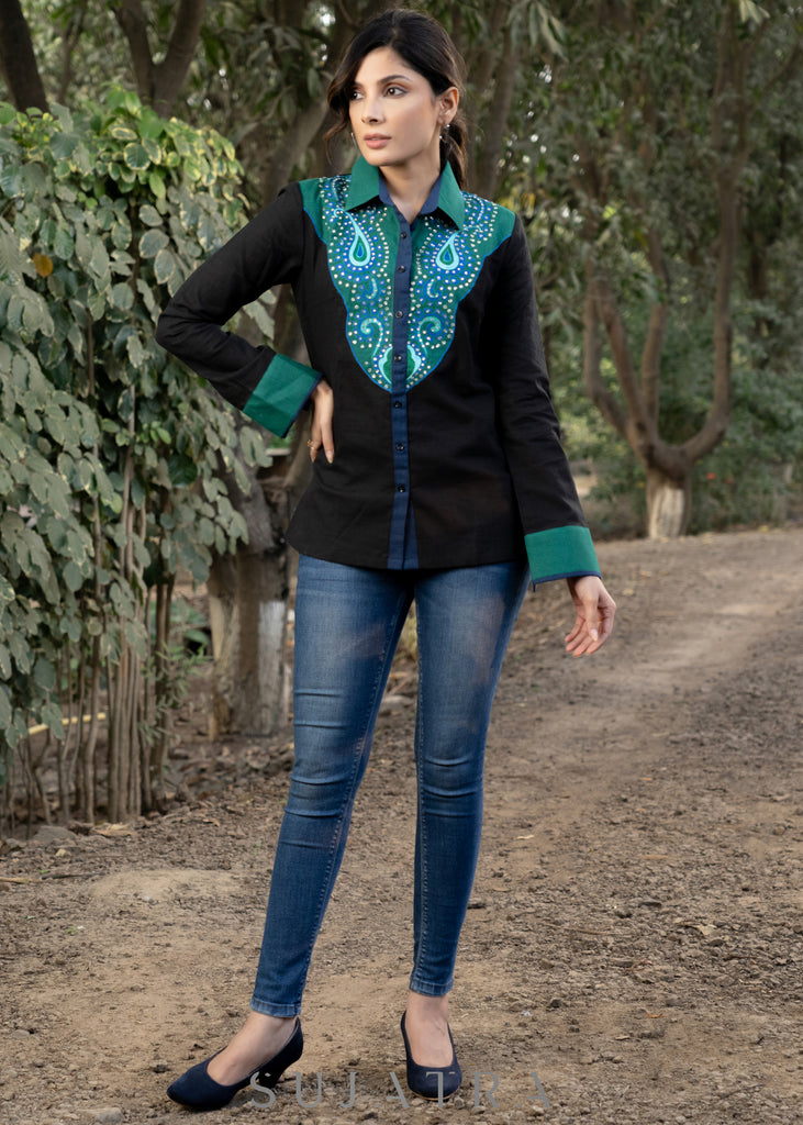 Standout Black Cotton Shirtwith Paisley Embroidered Yoke and Silver Highlights