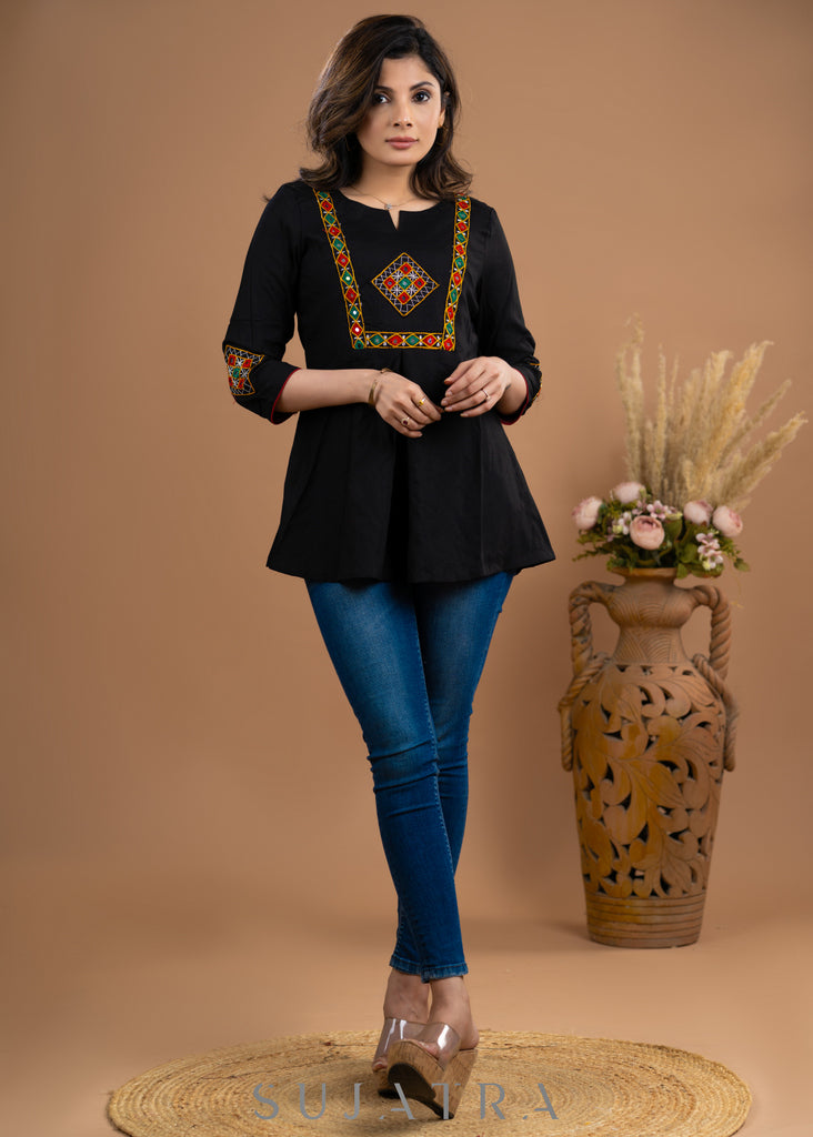 Kutch embroidered Black Rayon top