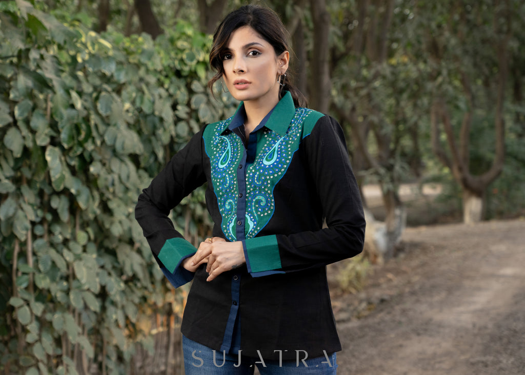 Standout Black Cotton Shirtwith Paisley Embroidered Yoke and Silver Highlights
