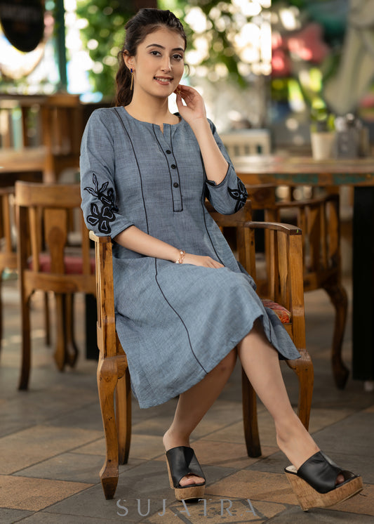 Casual Blue cotton dress with black embroidery detailing