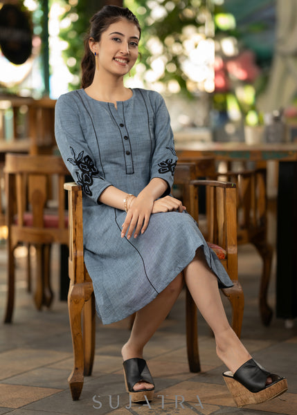 Casual Blue cotton dress with black embroidery detailing