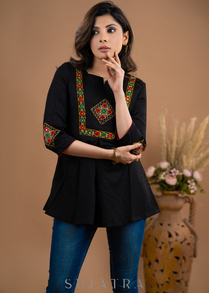 Kutch embroidered Black Rayon top