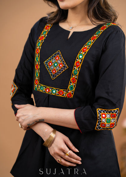 Kutch embroidered Black Rayon top
