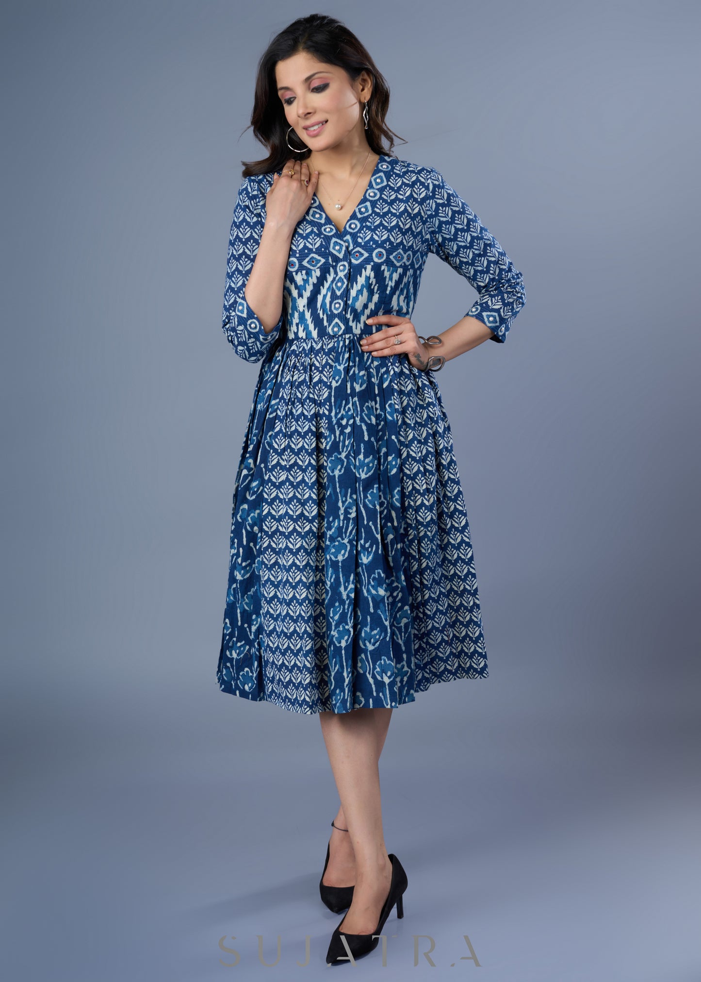 Beautiful Cotton Empire Line Indigo Combination Dress