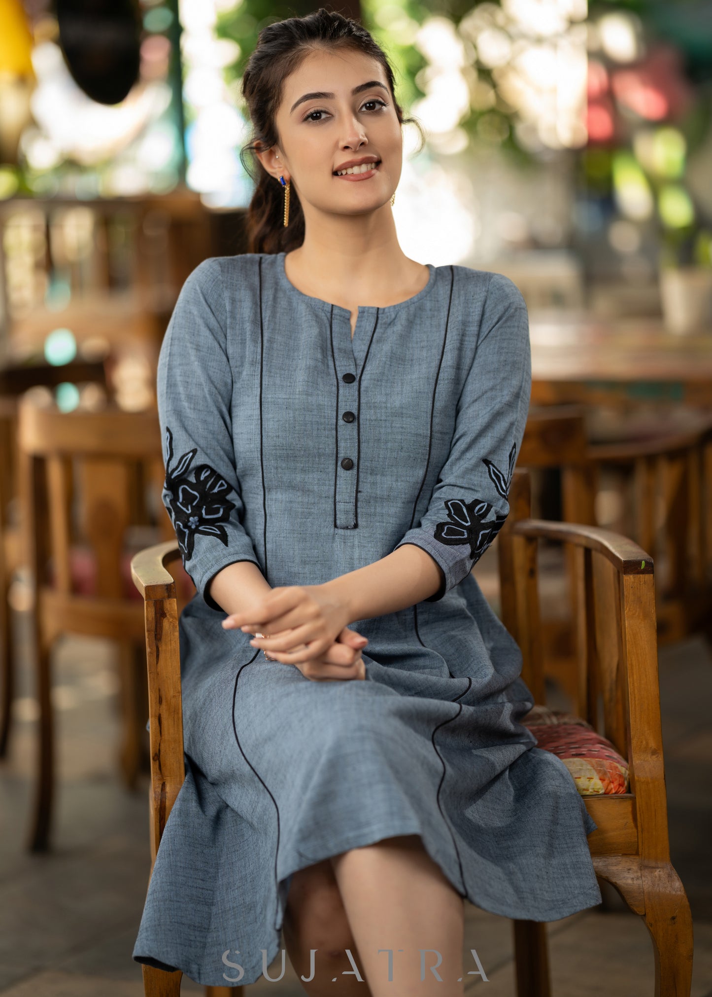Casual Blue cotton dress with black embroidery detailing
