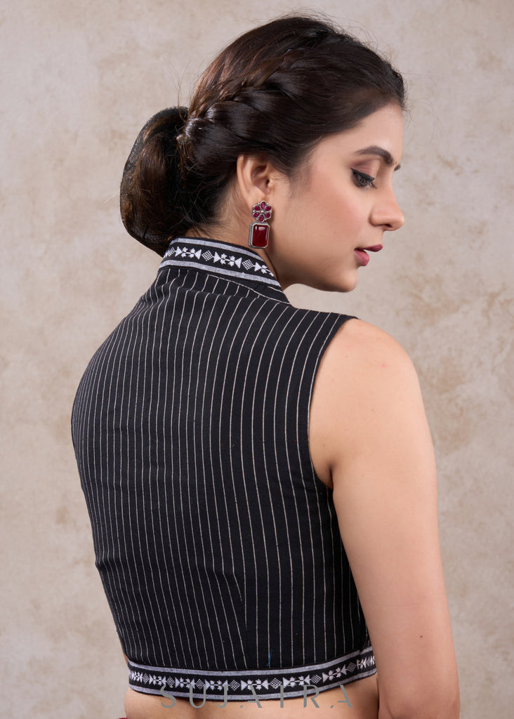 Trendy black striped cotton highneck blouse highighted with ikat border