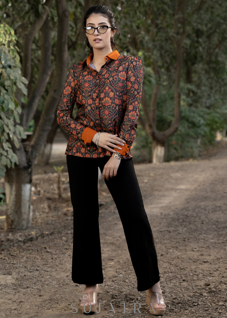Elegant Black Muslin Shirtwith Floral Print and Contrast Collar