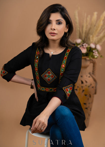 Kutch embroidered Black Rayon top