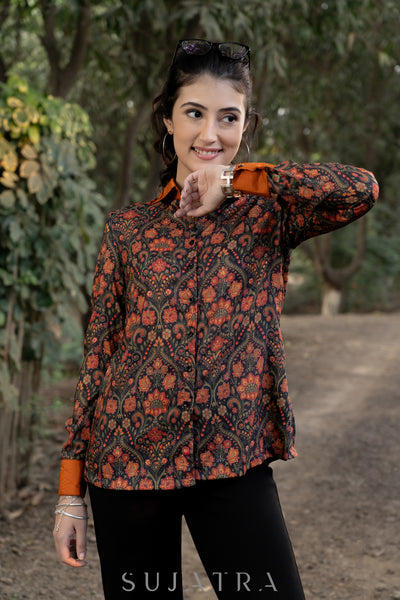 Elegant Black Muslin Shirtwith Floral Print and Contrast Collar