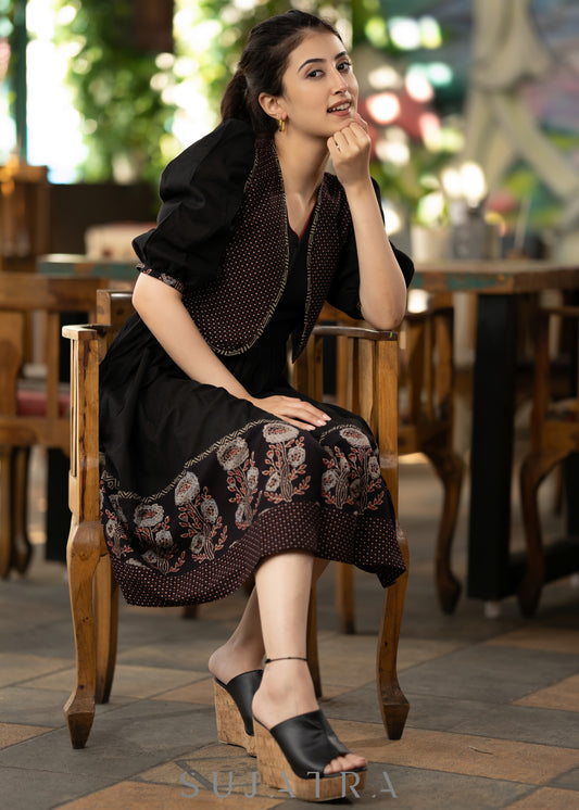 Stylish Ajrakh detail gathered dress dress - Short ajrakh shrug optional