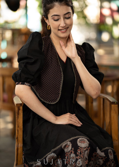 Stylish Ajrakh detail gathered dress dress - Short ajrakh shrug optional